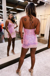 Sparkly Pink Tight Short Sequins Homecoming Dress with Slit